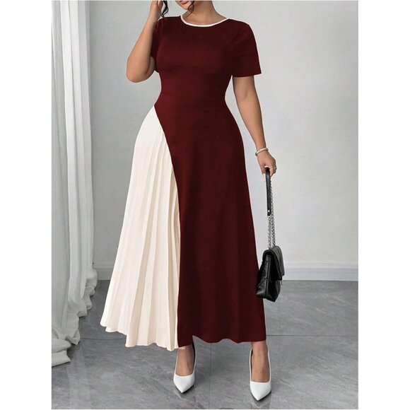 Women's Plus Size Color Block Pleated Maxi Dress Short Sleeve Formal - Picture 2 of 5